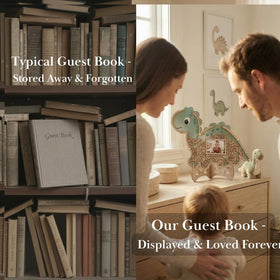 The Real Bossy Baby OneaSaurus guest book frame hosts signed tokens for a tangible memory collection