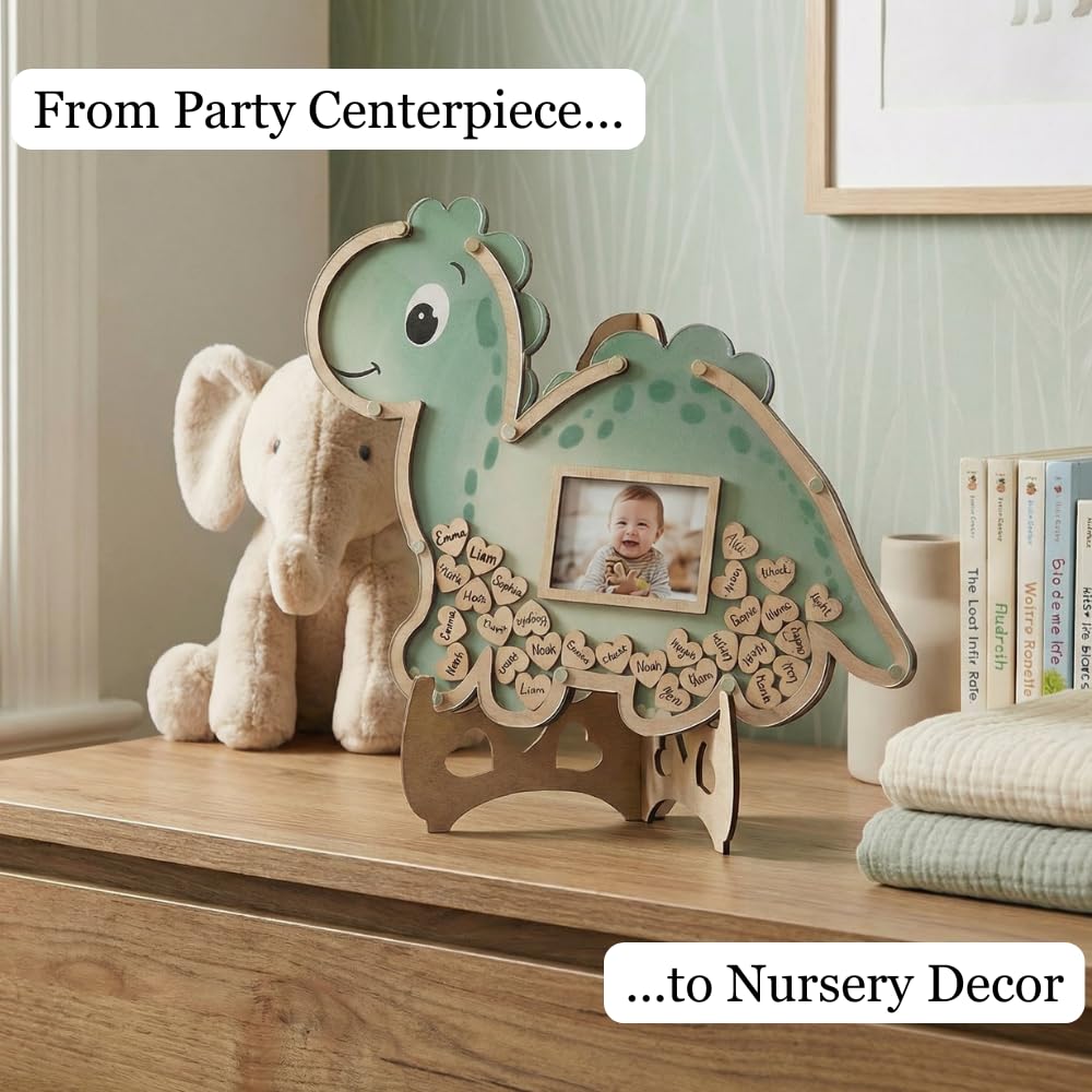 The Real Bossy Baby OneaSaurus guest book frame in green wood adds premium nursery ambiance