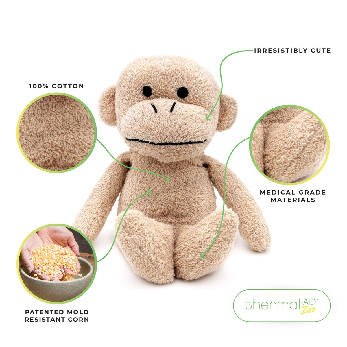 Thermal-Aid Jo Jo The Monkey warms quickly in the microwave for instant comfort.