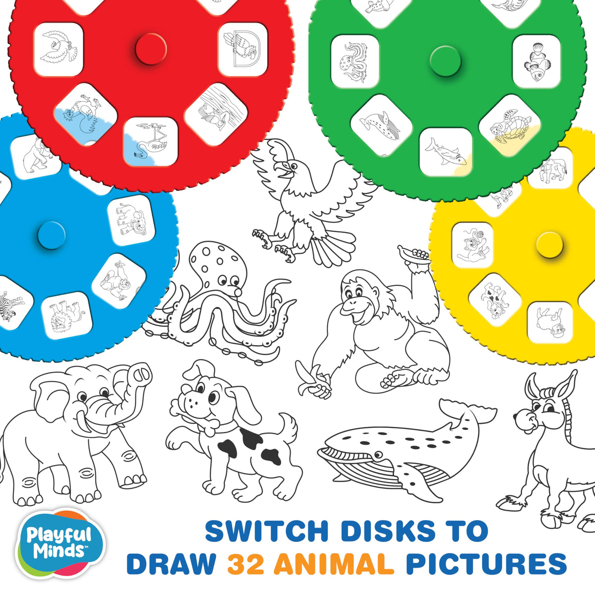Thin Air Drawing Projector 32 animal sketches discs viewed with coloring tools nearby
