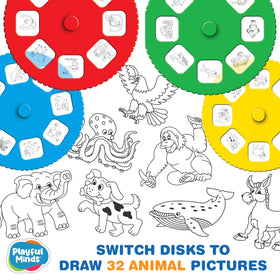 Thin Air Drawing Projector 32 animal sketches discs viewed with coloring tools nearby