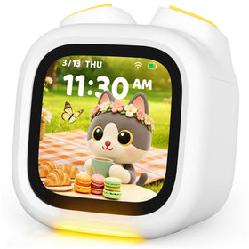 Think Academy Pawpal alarm clock on bedside table with friendly routine buddy.