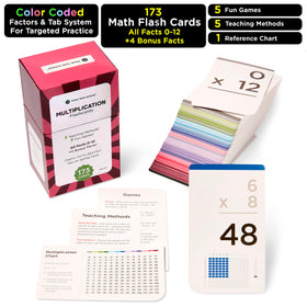 Think Tank Scholar 173 multiplication flash cards back illustrations, visual aids reinforce concepts.