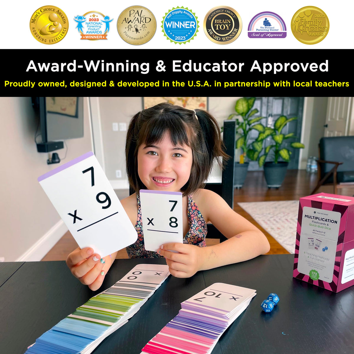 Think Tank Scholar visual aids on card backs clarify multiplication steps.