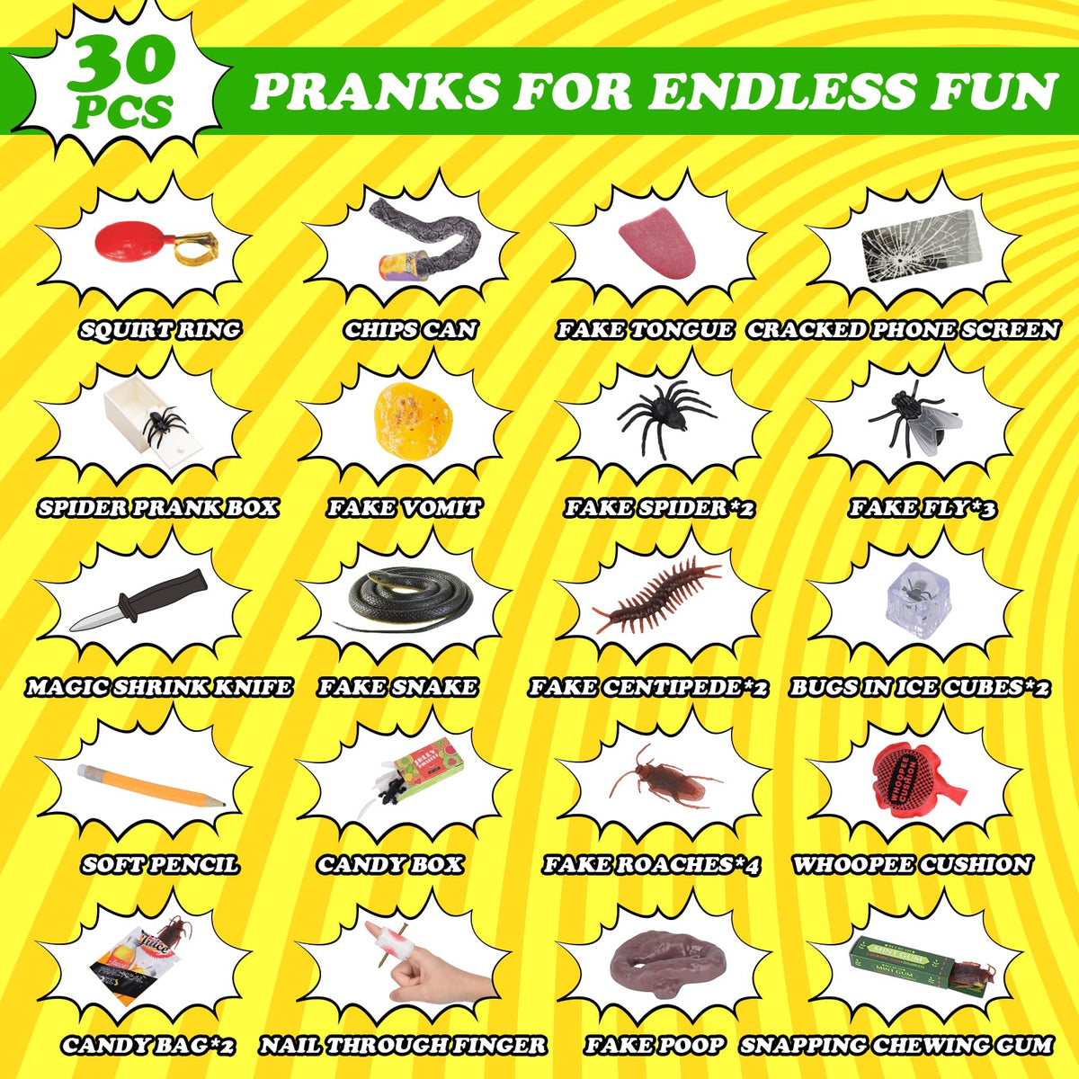 Think Wing prank gags variety illustrates classic and new pranks to entertain guests.