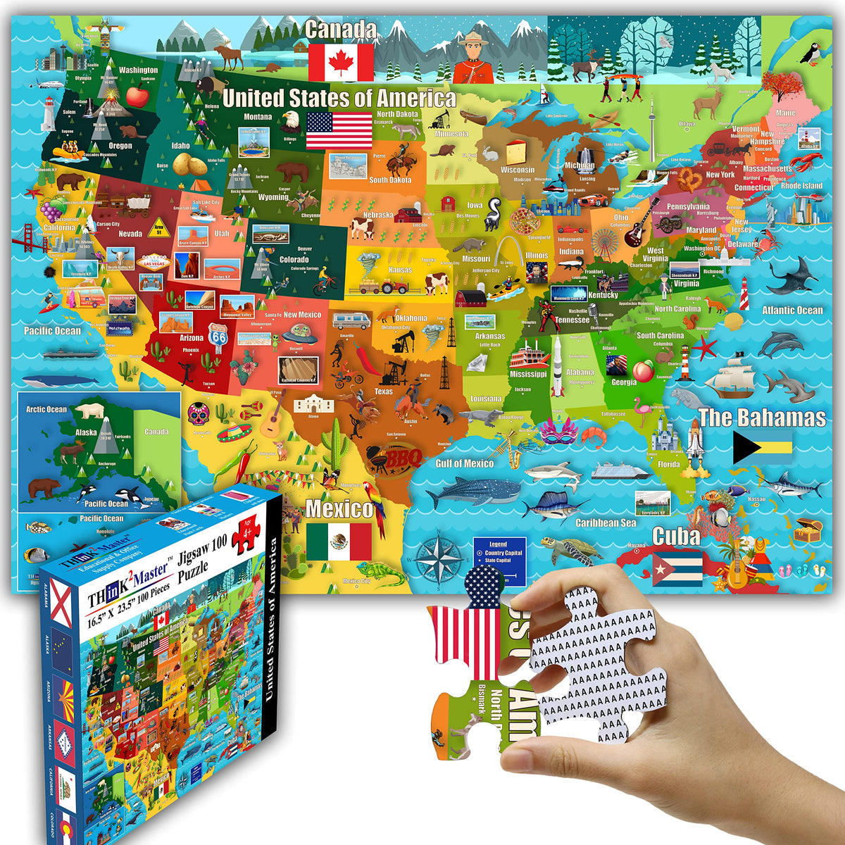 Think2Master Colorful United States Map puzzle showing states and landmarks for family learning.