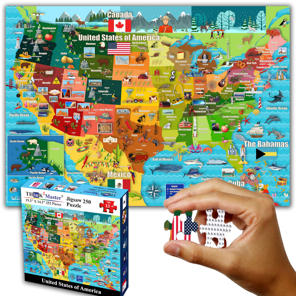 Think2Master United States map puzzle box with colorful state art for family fun