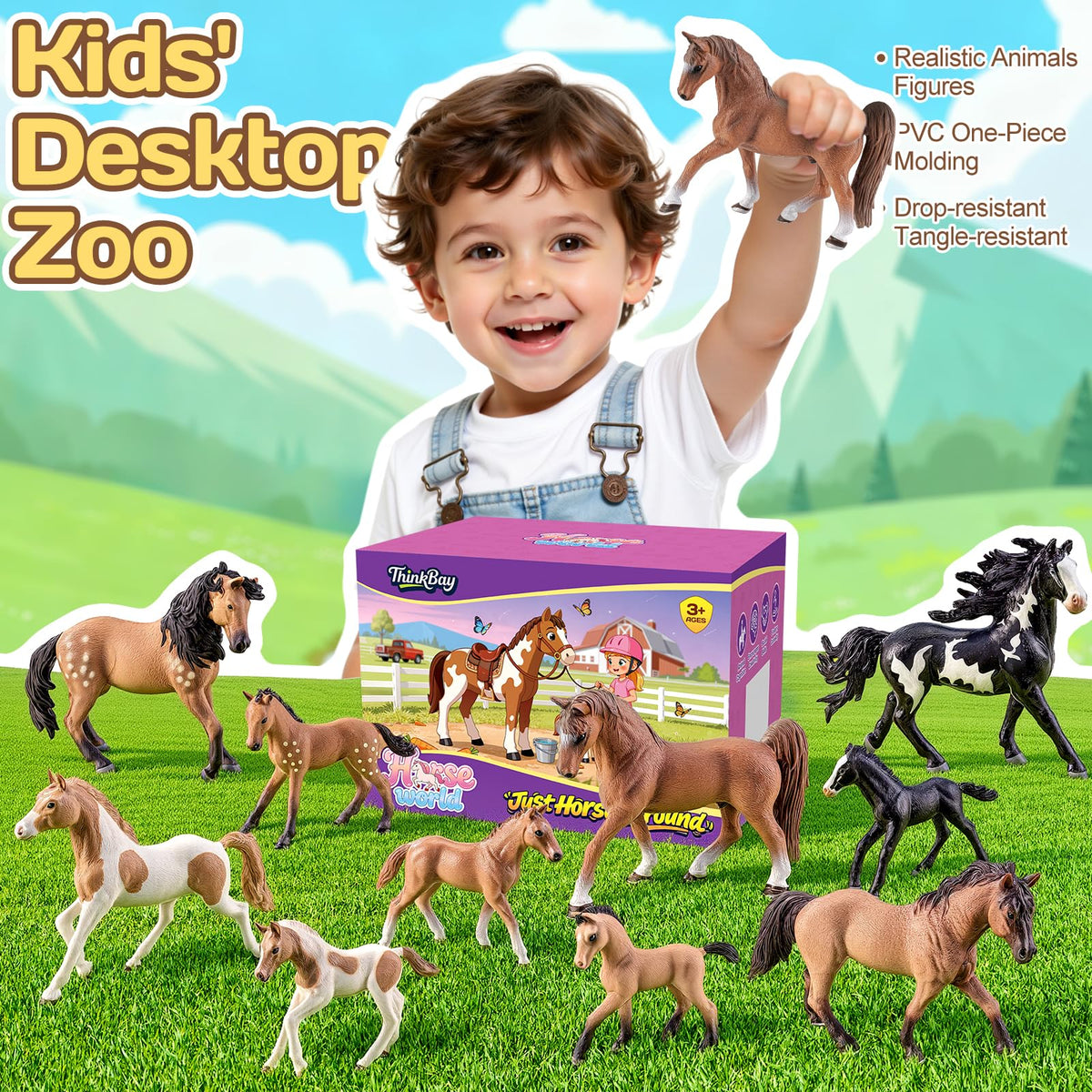 THINKBAY bay-and-white Pinto horse figurine supports storytelling and role play.
