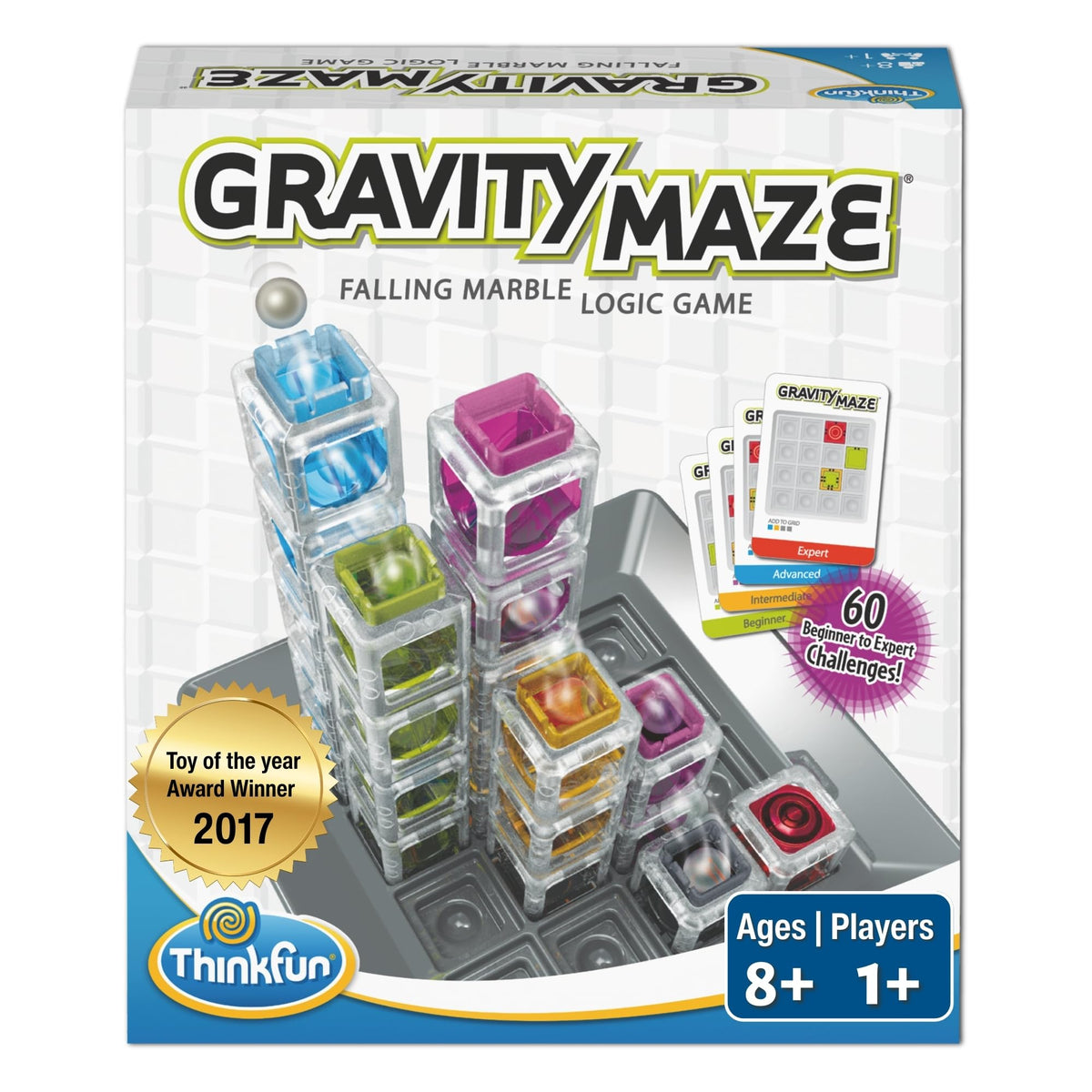 ThinkFun Gravity Maze game grid and towers for hands-on STEM exploration.