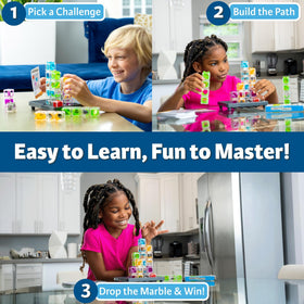 ThinkFun Gravity Maze nine towers and marbles enhance problem-solving through play.
