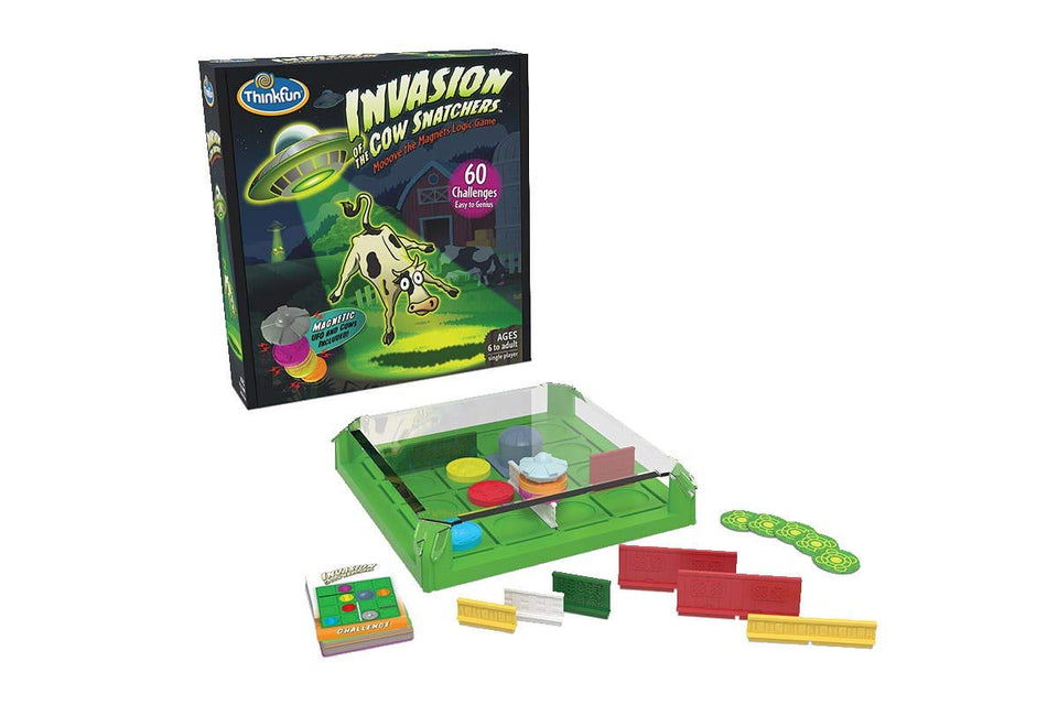 ThinkFun Invasion of the Cow Snatchers grid showing the magnetic maze for strategic thinking.