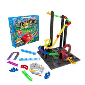 ThinkFun Roller Coaster Challenge game board set up for problem solving