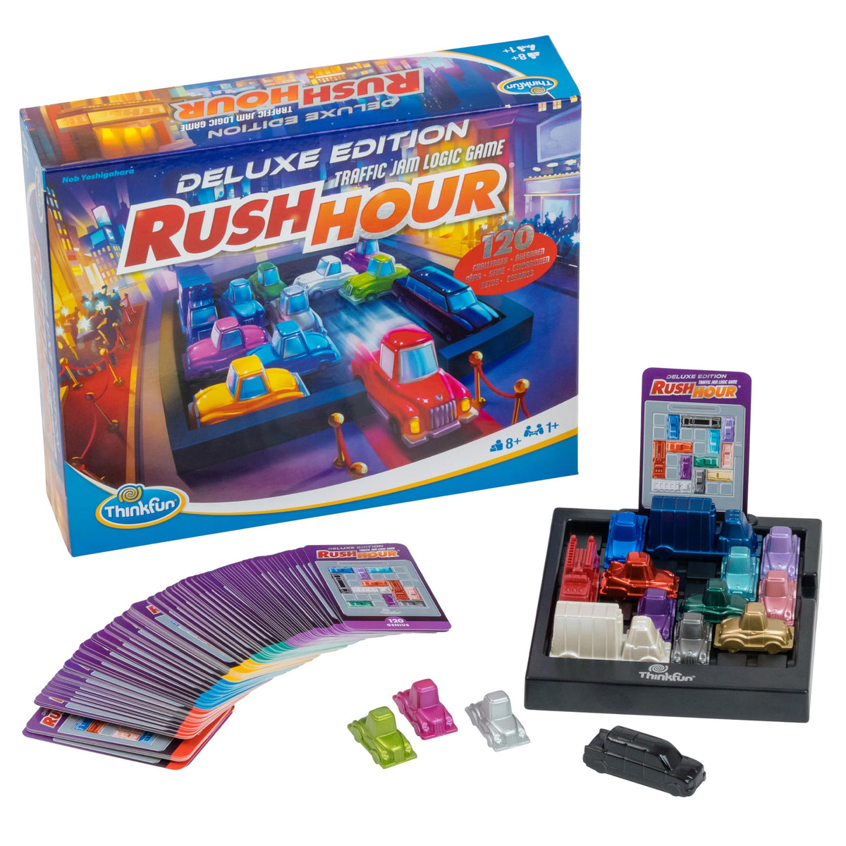 ThinkFun Rush Hour Deluxe metallic cars on a puzzle grid for premium play