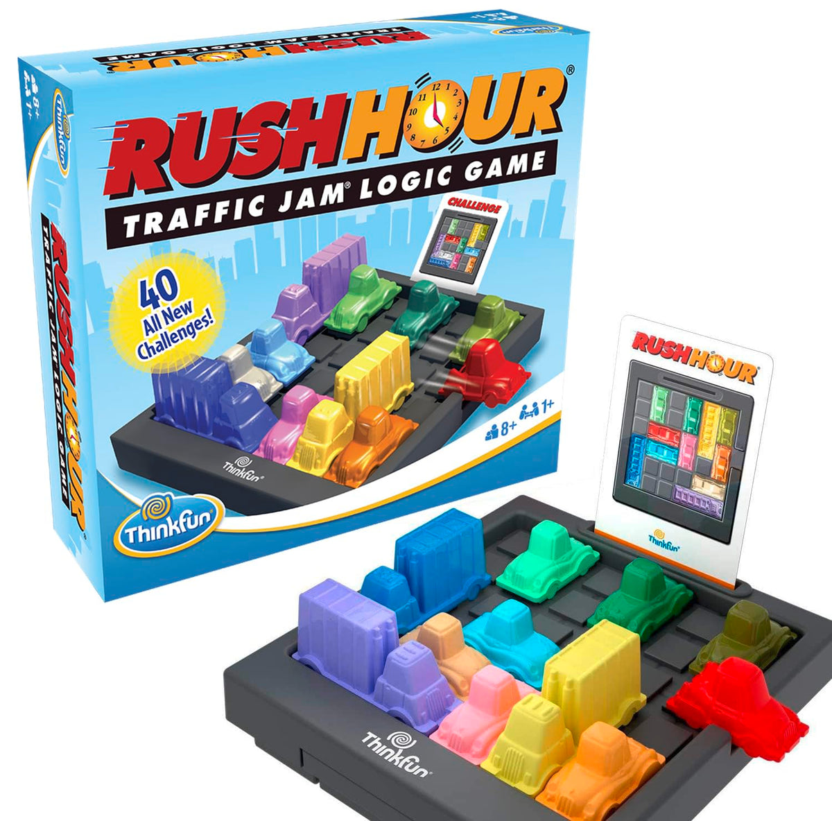 ThinkFun Rush Hour grid with card storage for quick setup and tidy play.
