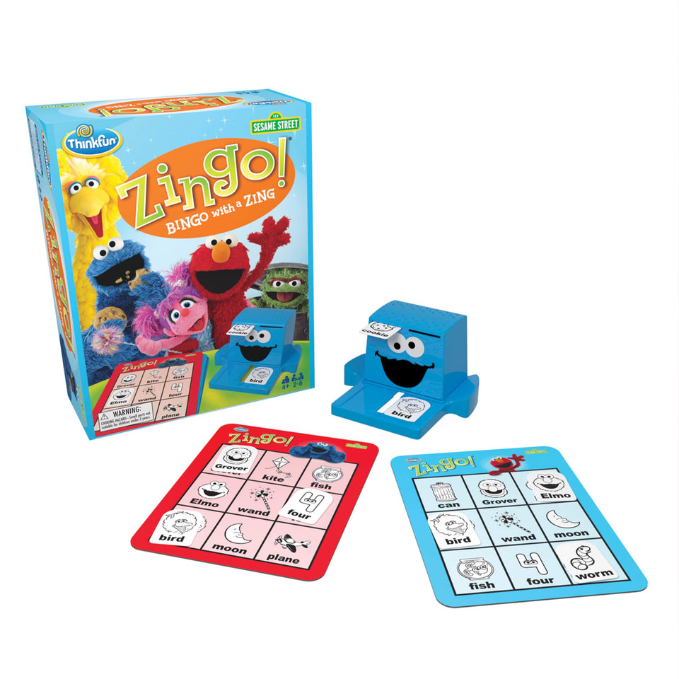 ThinkFun Sesame Street Zingo cards show picture tiles for quick matching.