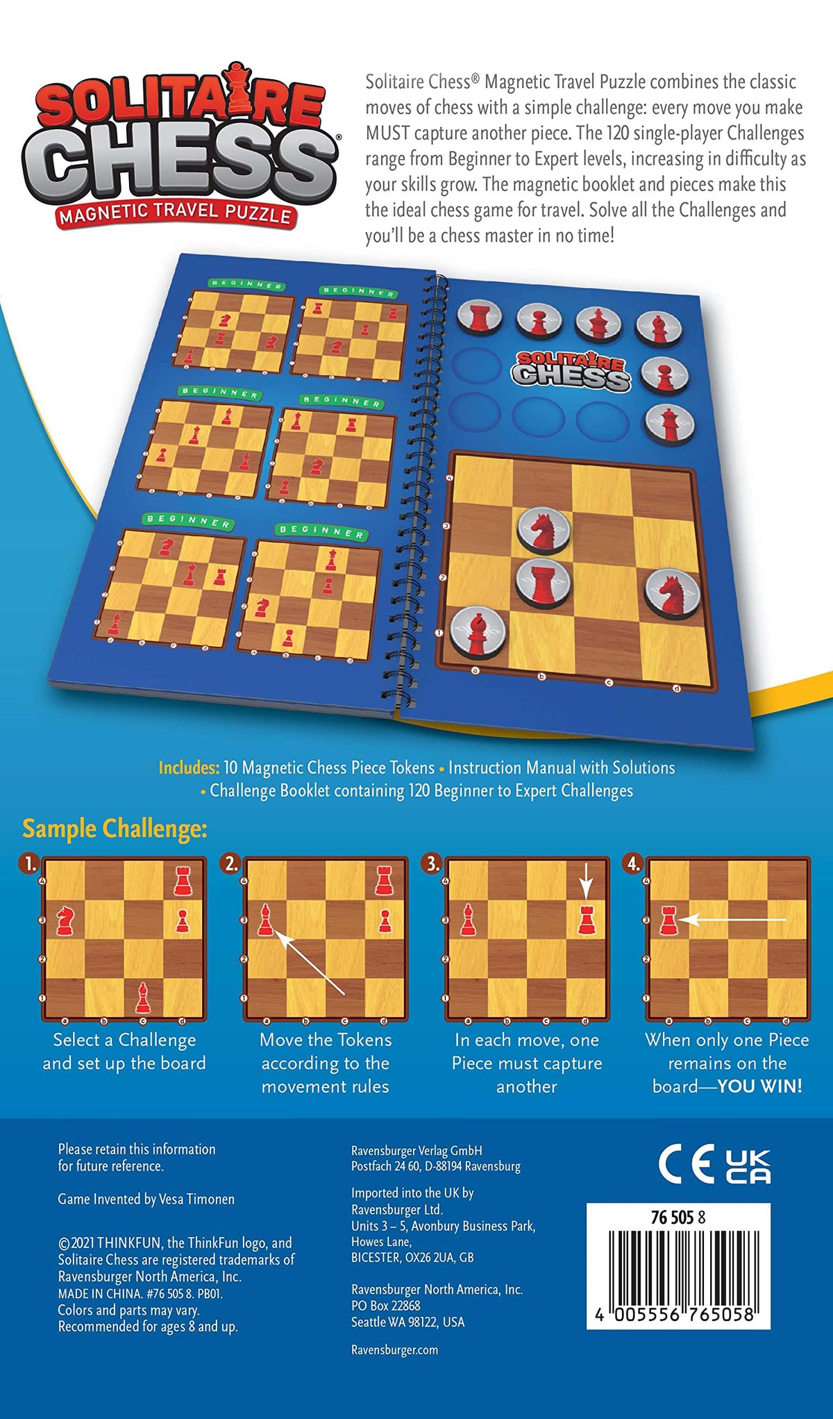 ThinkFun Solitaire Chess Magnetic Travel Puzzle instruction manual for immediate play.