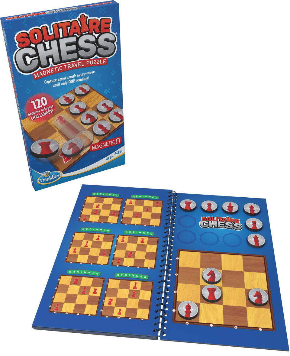 ThinkFun Solitaire Chess Magnetic Travel Puzzle setup for on-the-go logic practice.