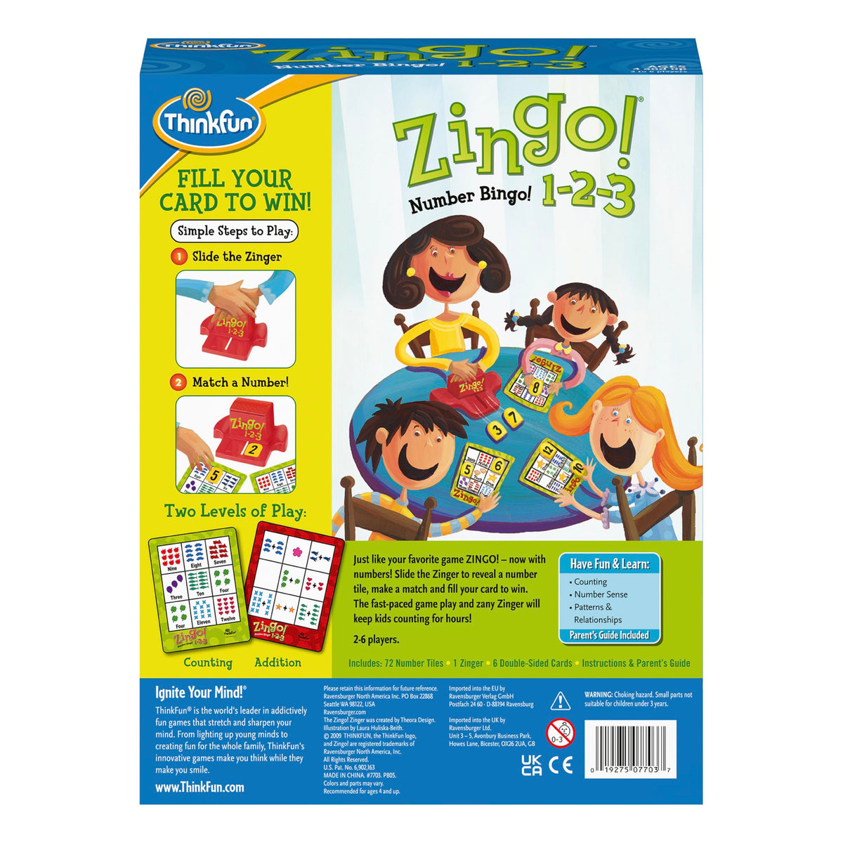 Storage tray for ThinkFun Zingo 1-2-3 keeps tiles sorted.