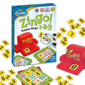 ThinkFun Zingo 1-2-3 tiles help kids practice quick number matching.