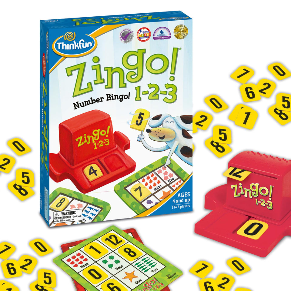 ThinkFun Zingo 1-2-3 tiles help kids practice quick number matching.