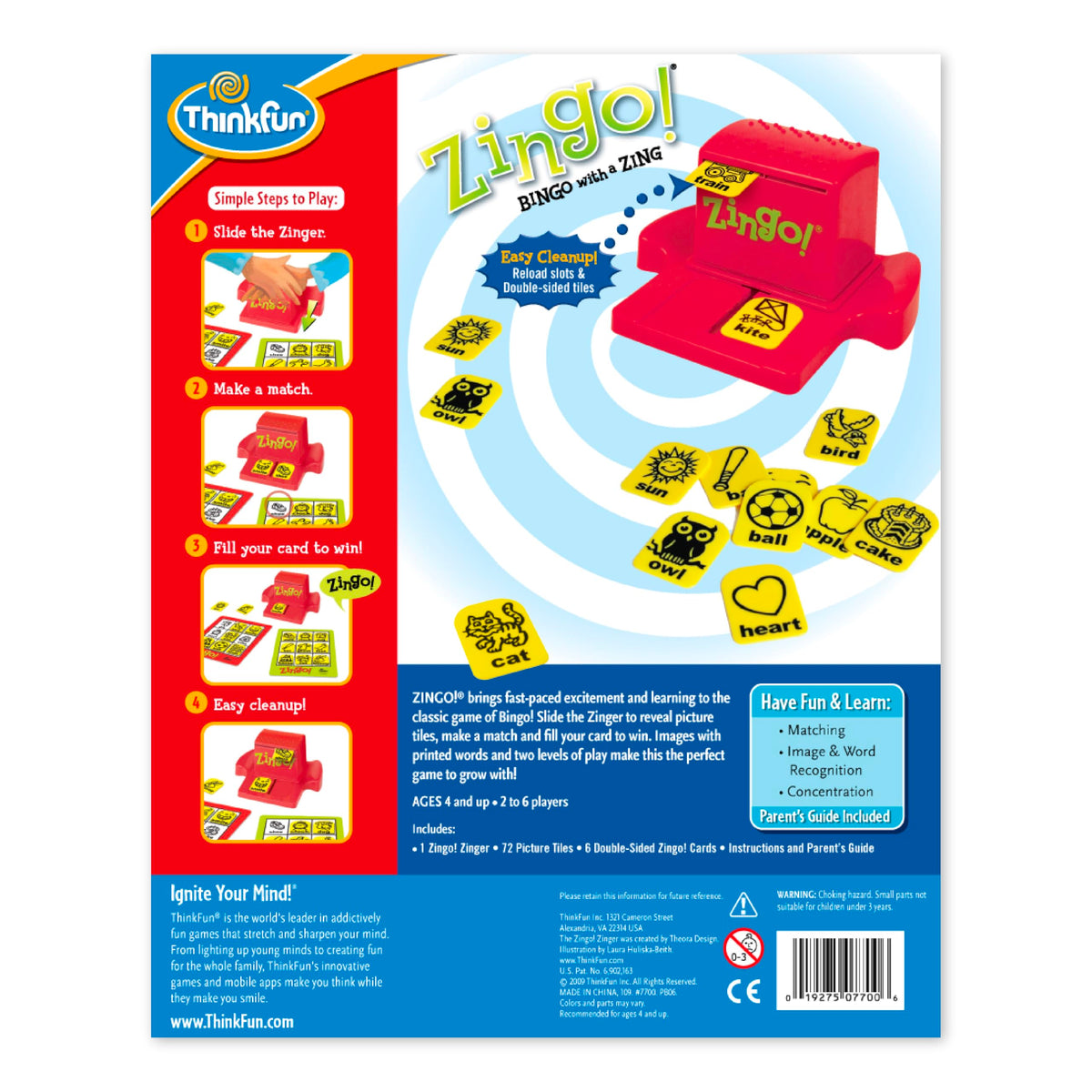 ThinkFun Zingo packaging and components organized for easy gifting