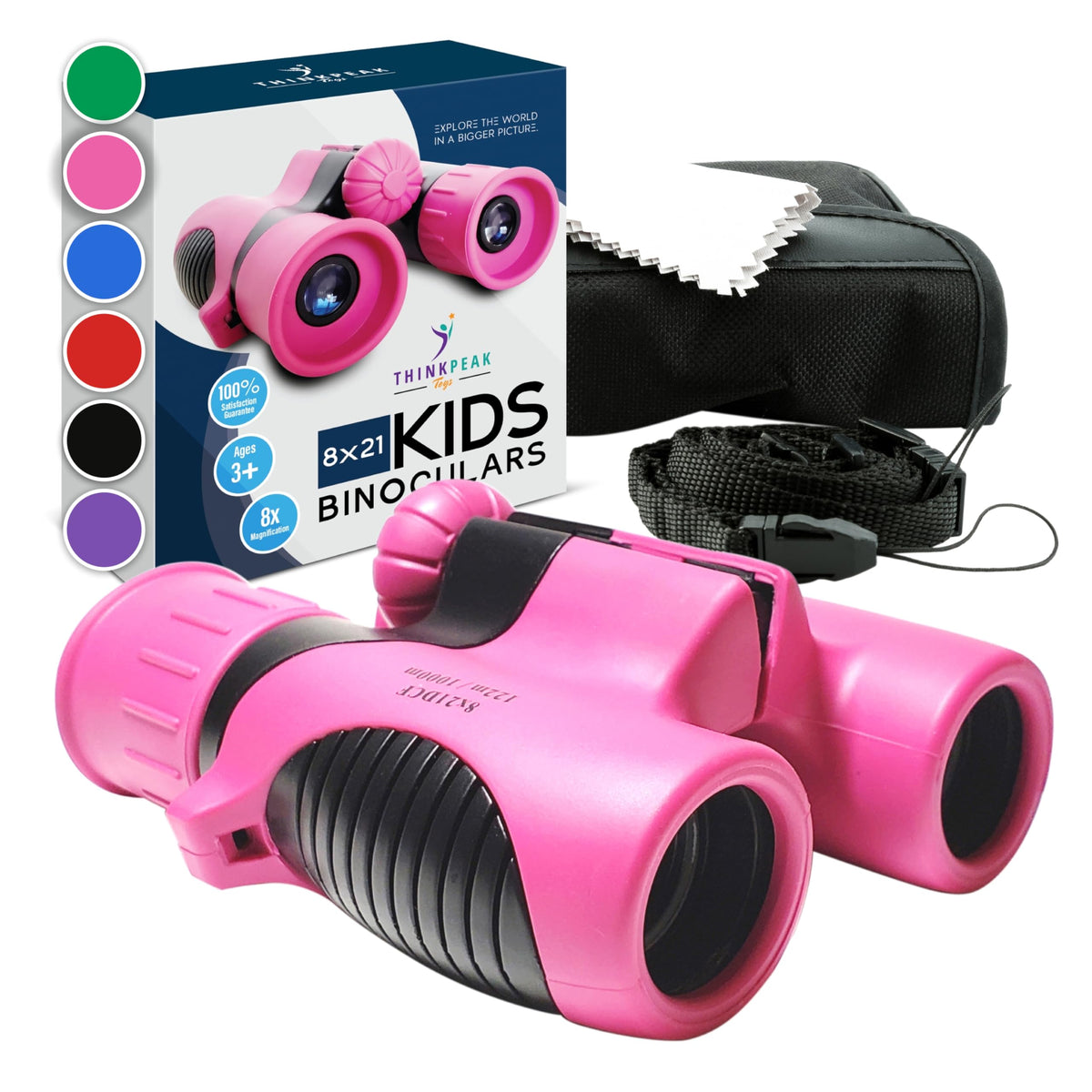 Think Peak pink binoculars held by a child for backyard birdwatching session