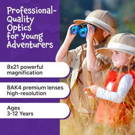 Think Peak red binoculars 8x21 magnification for clear, kid-friendly viewing.