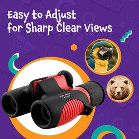 Think Peak red binoculars used in a bird watching scene for kids.