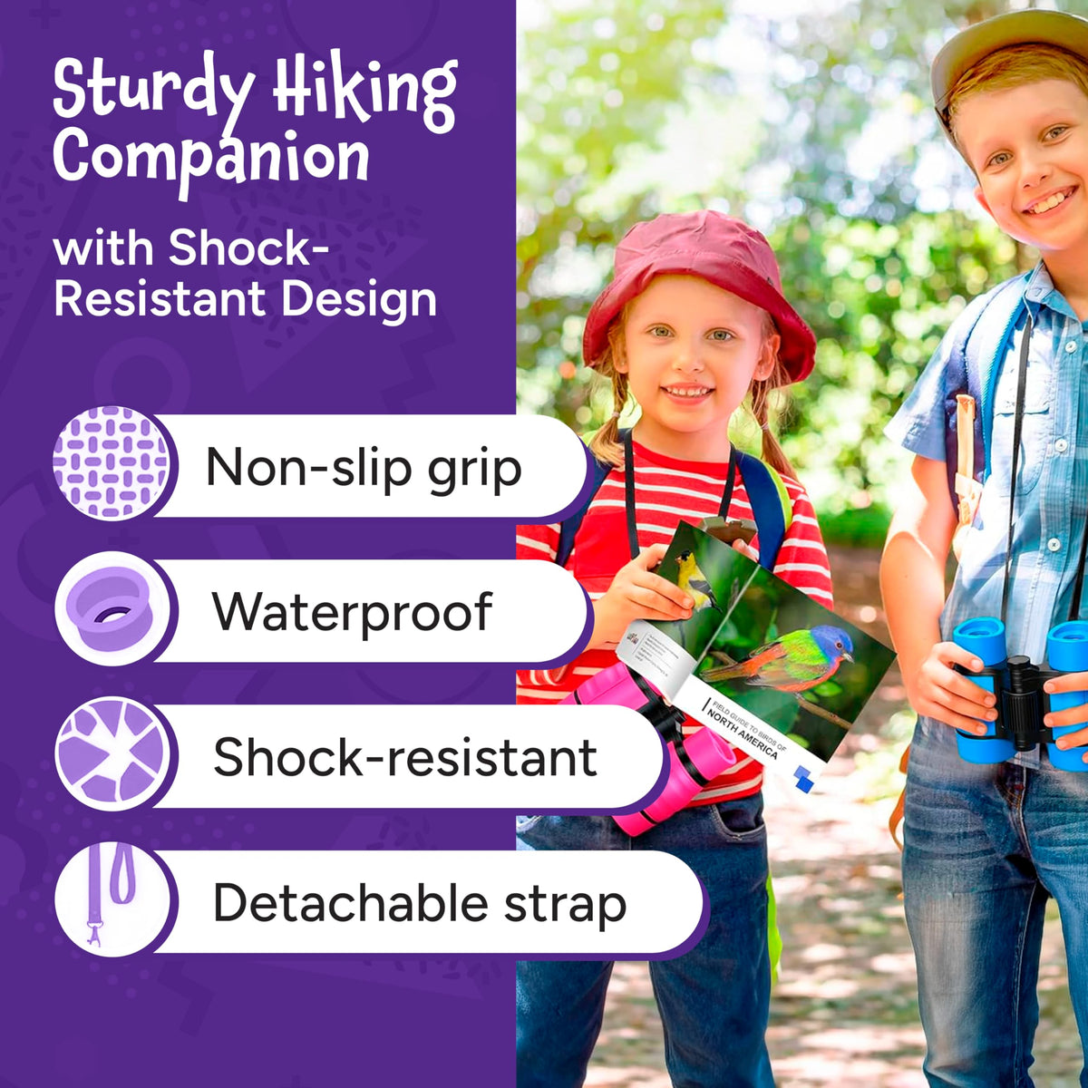 Think Peak red binoculars child holding view for bird watching.