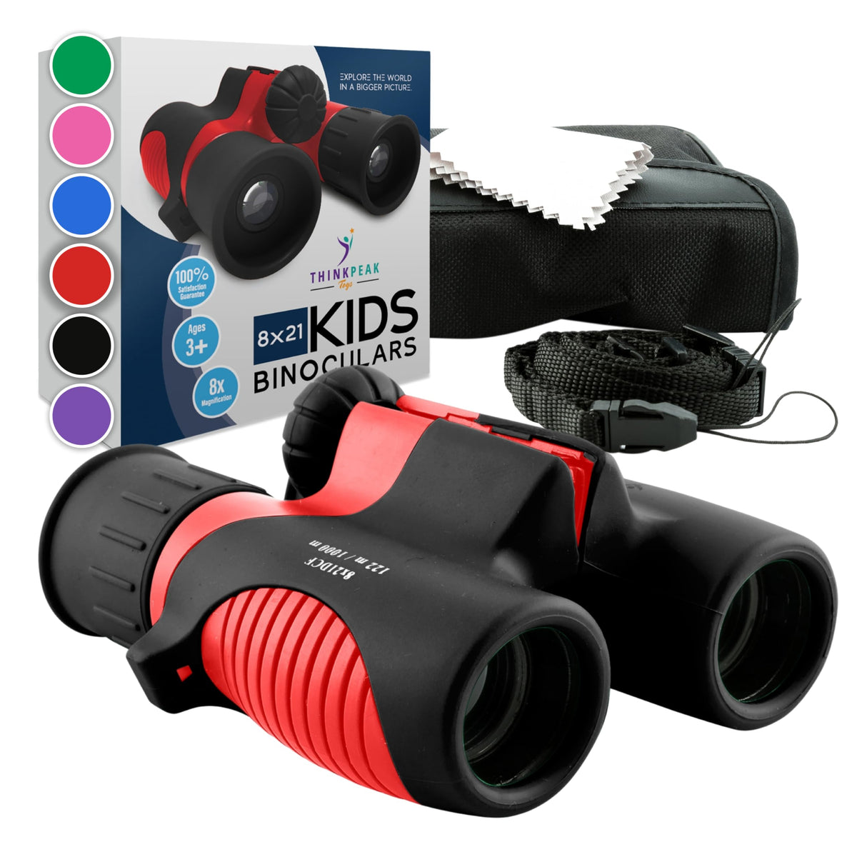 Think Peak red binoculars compact design for small hands during outdoor adventures.