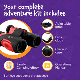Think Peak red binoculars rugged design for camping and play.
