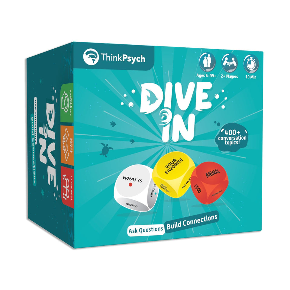 ThinkPsych Dive In dice-roll close-up prompting curiosity and conversation.