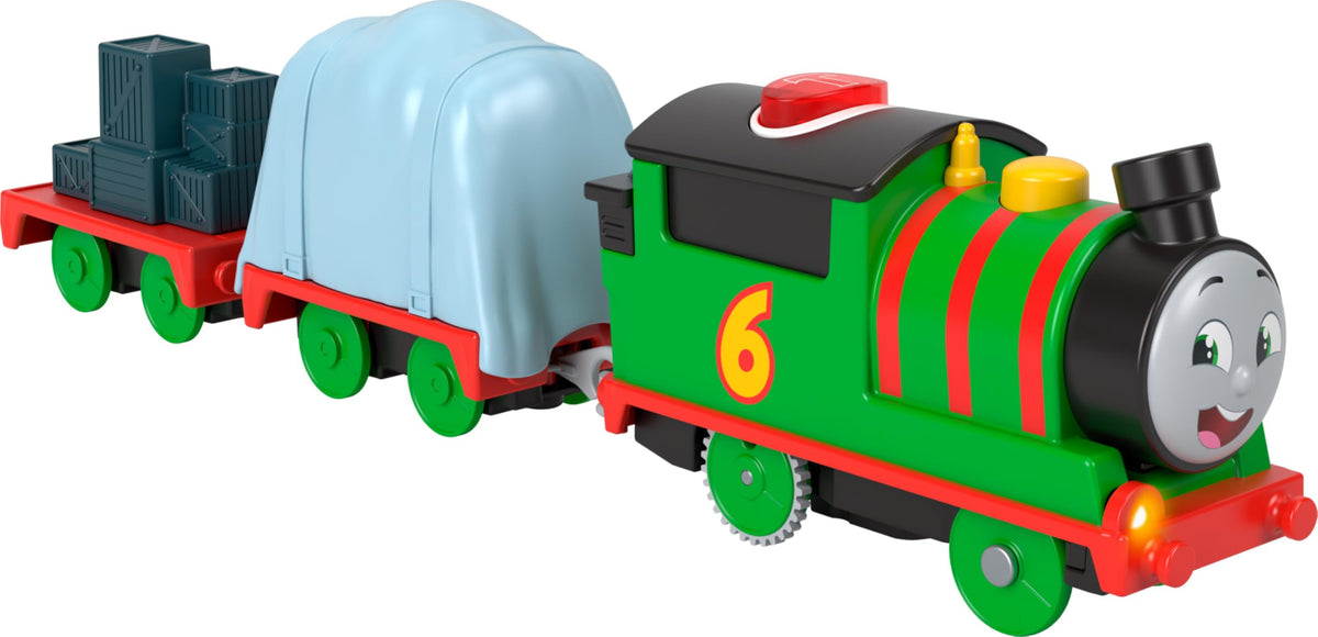 Thomas and Friends Percy button-press engine delivers interactive sounds for pretend play.