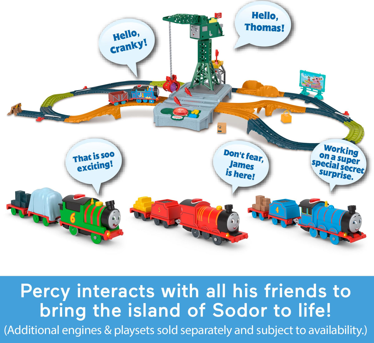 Thomas and Friends Percy engine interacts with other engines to spark imaginative dialogue.