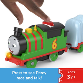 Thomas and Friends Percy talking engine greets other trains with character phrases for storytelling.