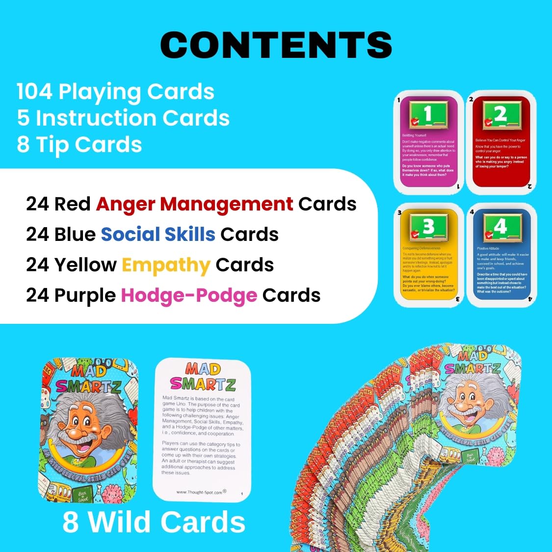 Thought-Spot Mad Smartz tip cards offering quick coping strategies during play.