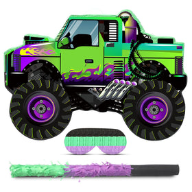 Threan monster truck pinata in green and purple front view for vibrant party decor.