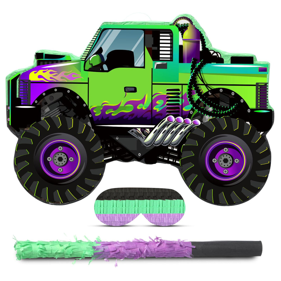 Threan monster truck pinata in green and purple front view for vibrant party decor.