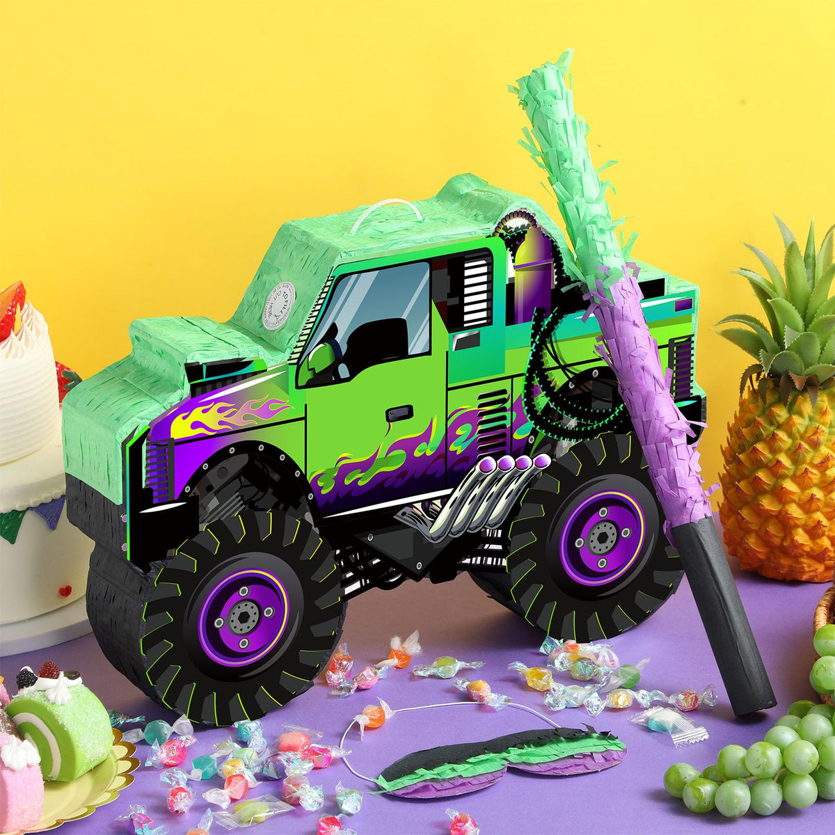 Threan monster truck pinata green purple side view ideal centerpiece for celebrations.