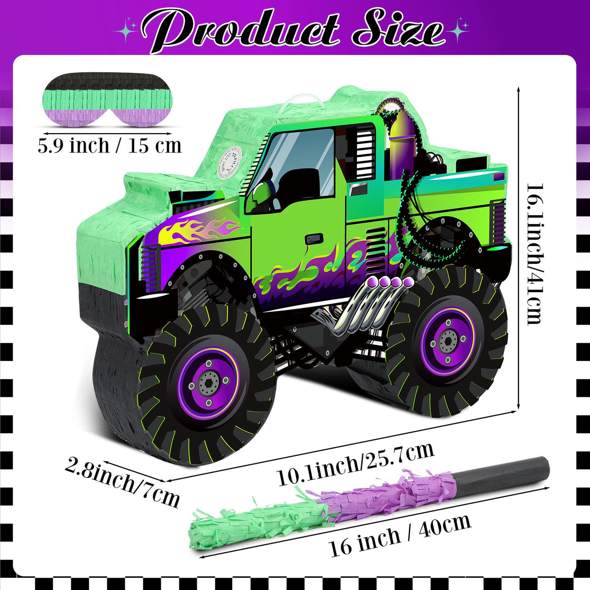 Threan monster truck pinata hanging setup easy to display during party time.