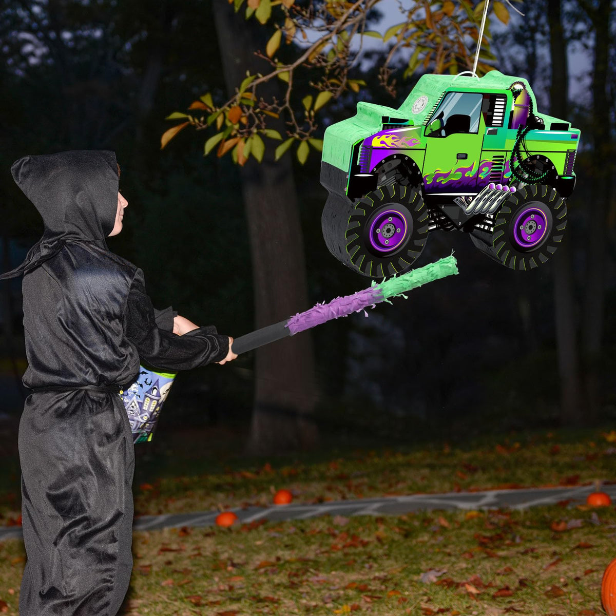 Threan monster truck pinata material closeup shows sturdy paper design.