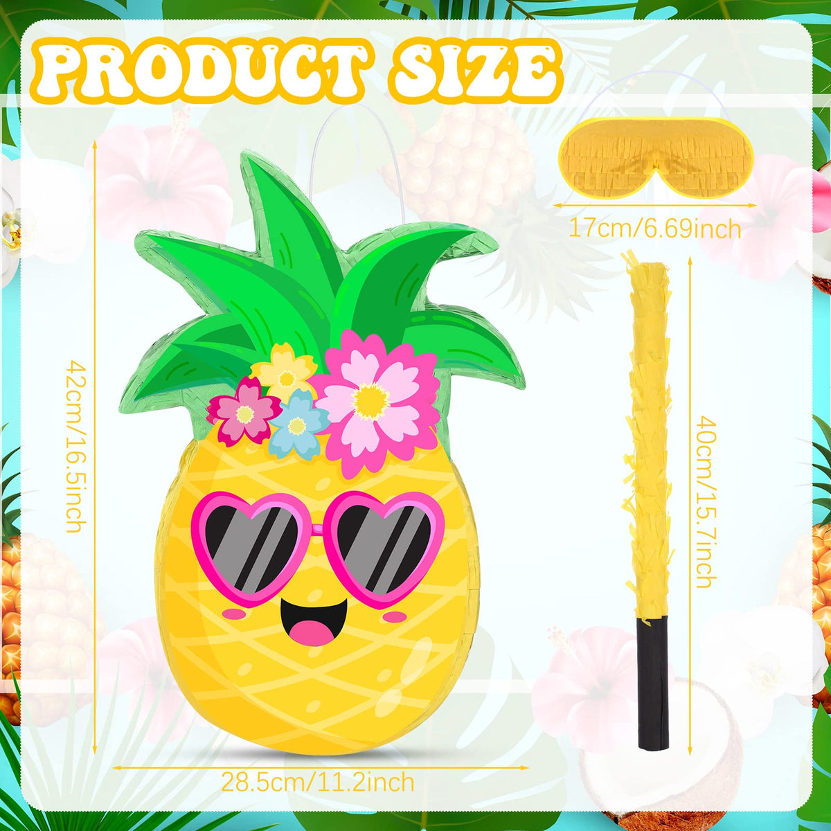 Threan pineapple pinata with bat and blindfold for interactive fun