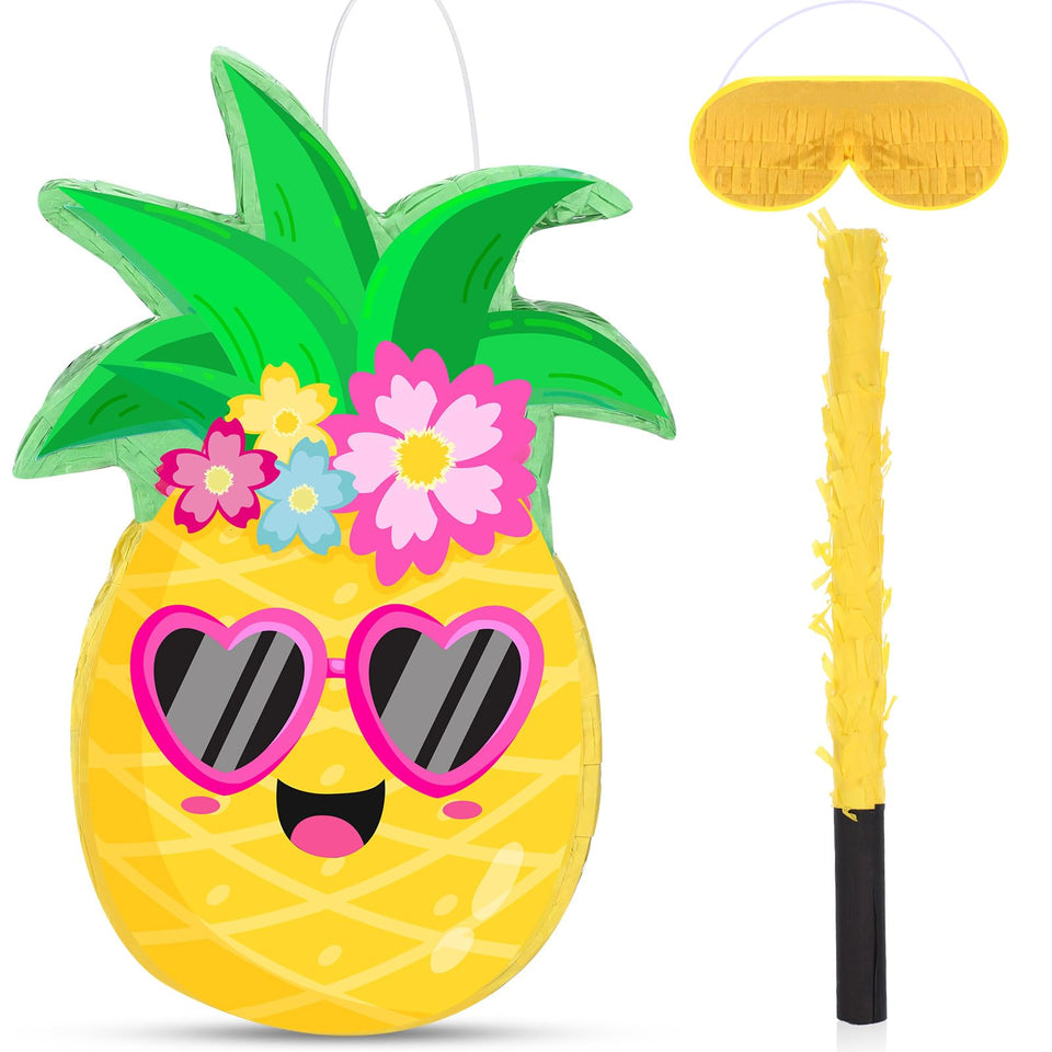 Threan pineapple pinata full setup with tropical colors and party vibe