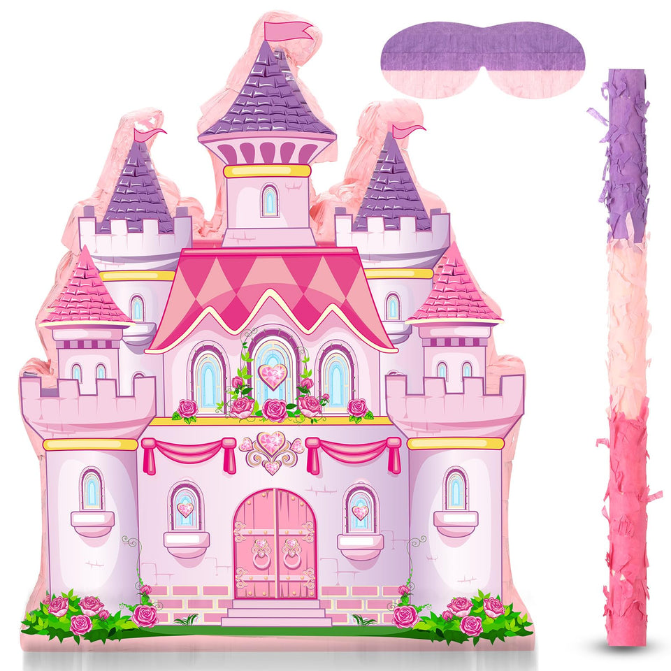 Threan Princess Castle Pinata Bundle shown as a complete party set for easy setup and festive fun