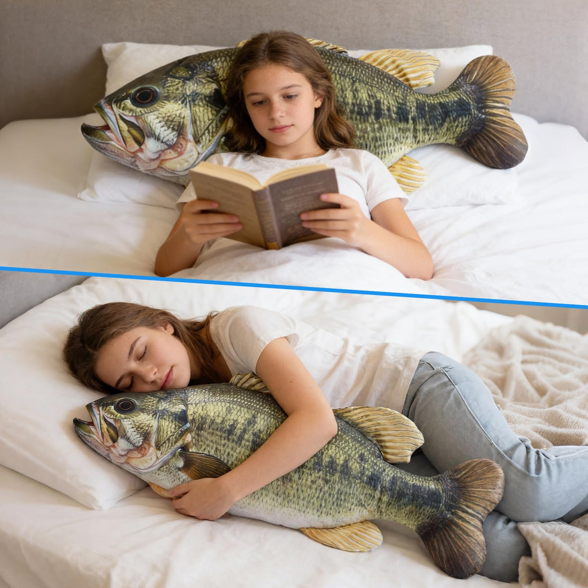Threehoney largemouth bass plush pillow closeup fabric showing soft plush feel and durability