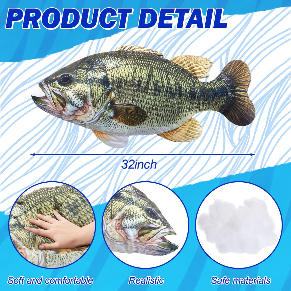 Threehoney largemouth bass plush pillow side view highlighting soft touch and comfort