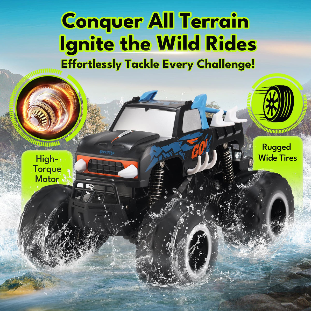 Threeking Monster Truck off-road tires closeup demonstrates strong grip on sand and rocks.