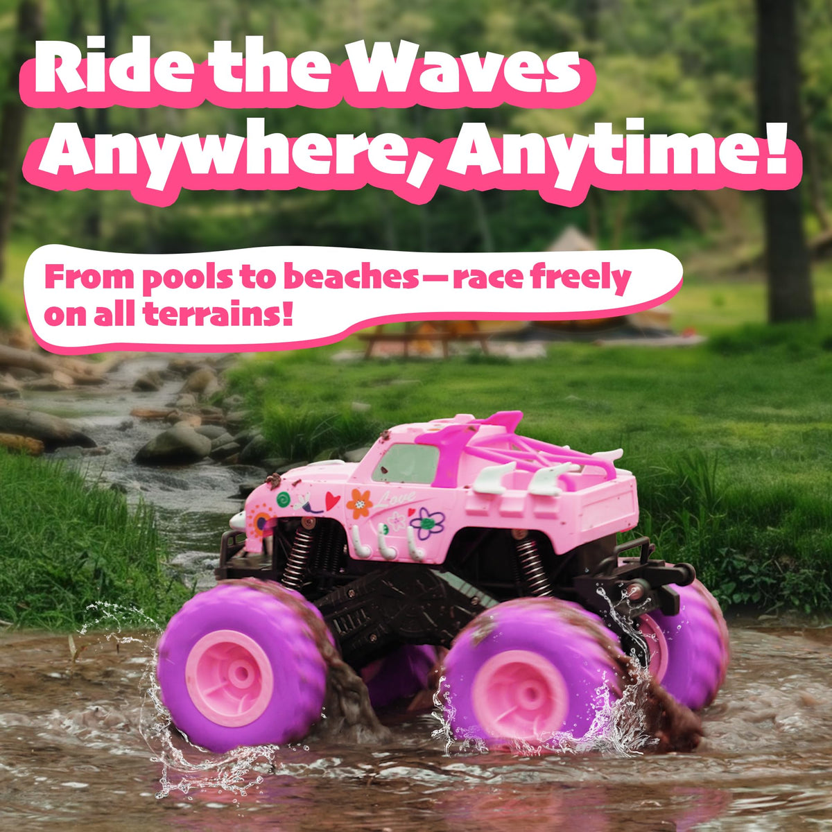 Threeking pink monster truck anti-skid tires provide steady grip on varied surfaces.