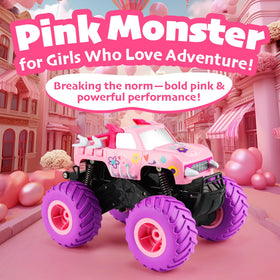 Threeking pink monster truck floral design enhances visual appeal during outdoor racing.