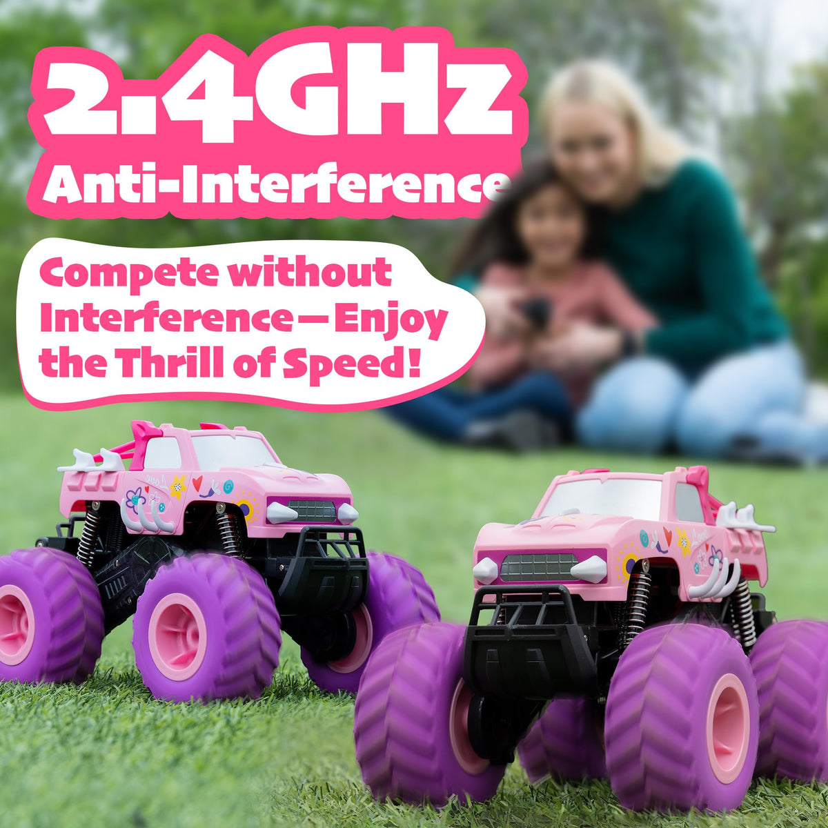 Threeking pink monster truck ready for indoor-outdoor play and imaginative racing.